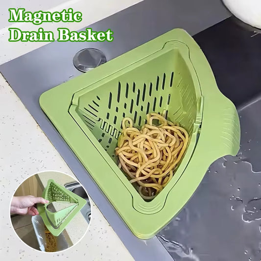 Triangular Draining Basket for Sink Magnetic Corner Sink Strainer with Twist-Open Bottom Kitchen Filter Rack Sink Corner Rack