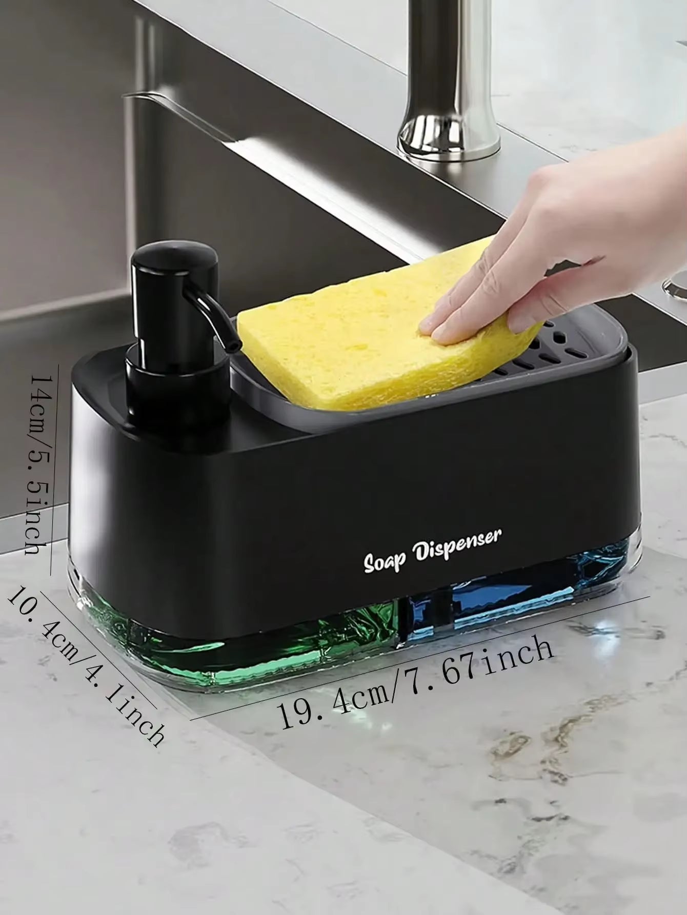 Dual Soap Dispenser with Sponge Holder Manual Press Soap Box Hand and Dish Soap Dispenser for Kitchen Sink Detergent Dispenser